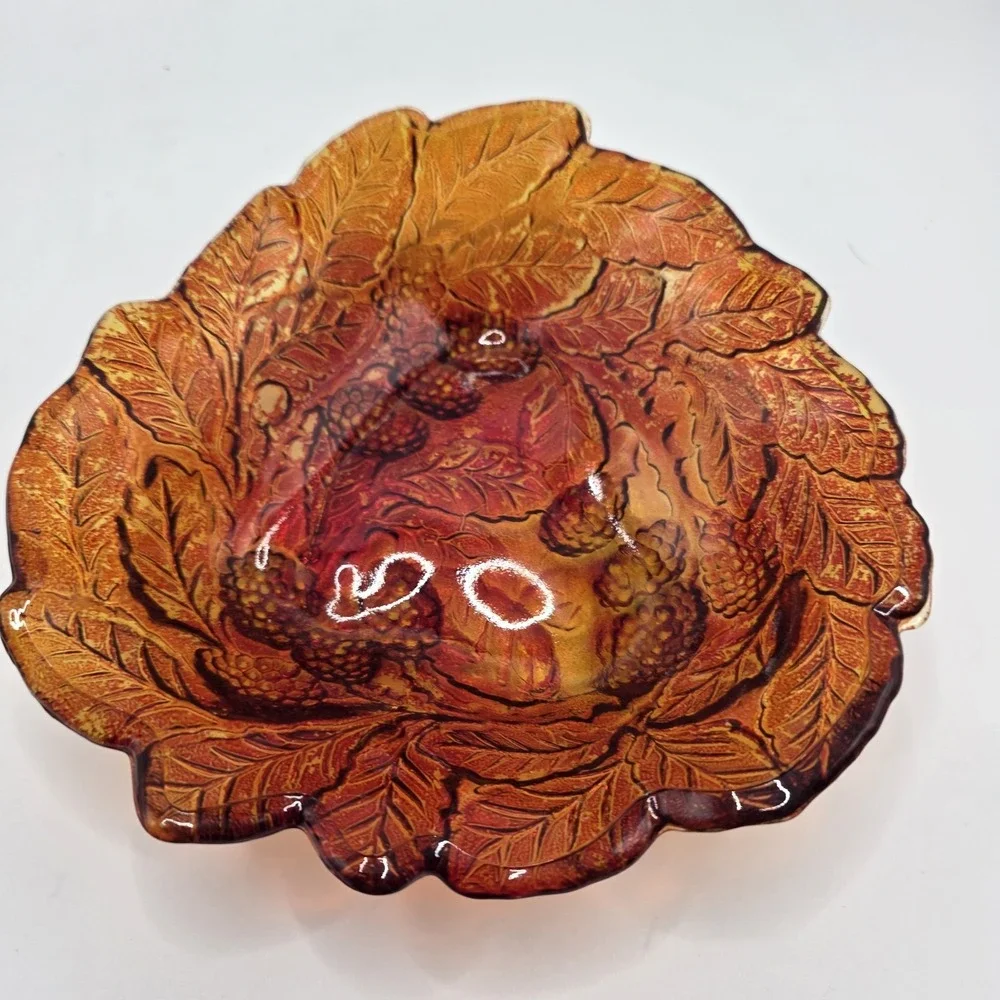 Vintage Amber‎ Pressed Glass Blackberry Leaf Dish Fall Harvest Cottagecore Decor